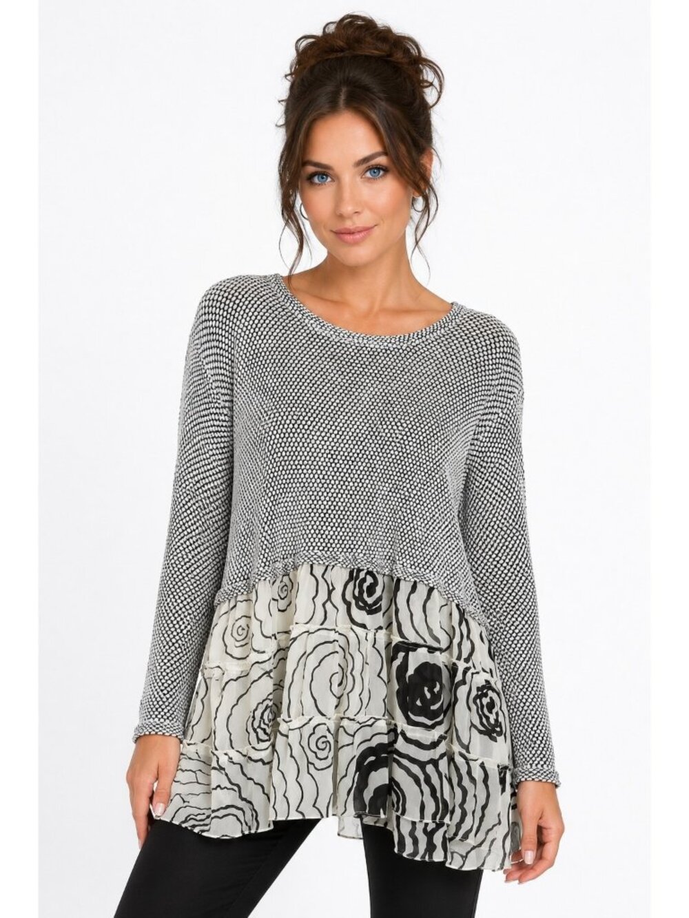 Marilia XL Black White Textured Knit Tunic Top Layered Chiffon Floral Hem Boho